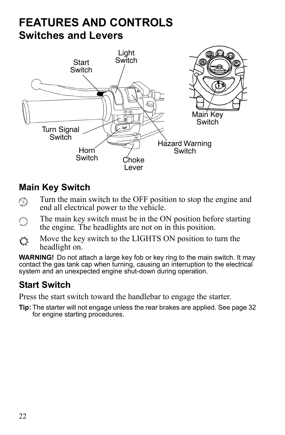 Features and controls, Switches and levers, Main key switch | Start switch | Polaris Phoenix 9922500 User Manual | Page 24 / 96