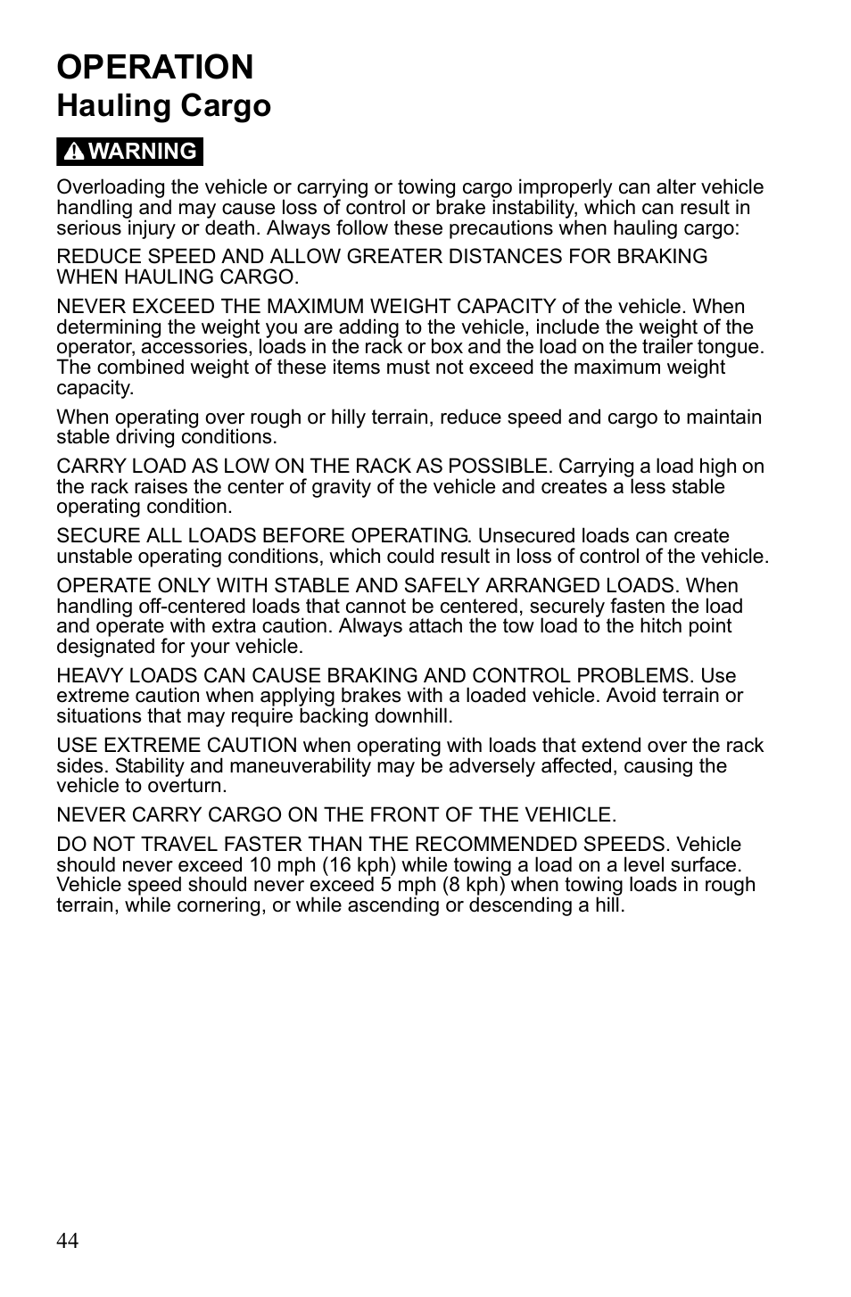 Operation, Hauling cargo | Polaris Phoenix 9922500 User Manual | Page 46 / 96