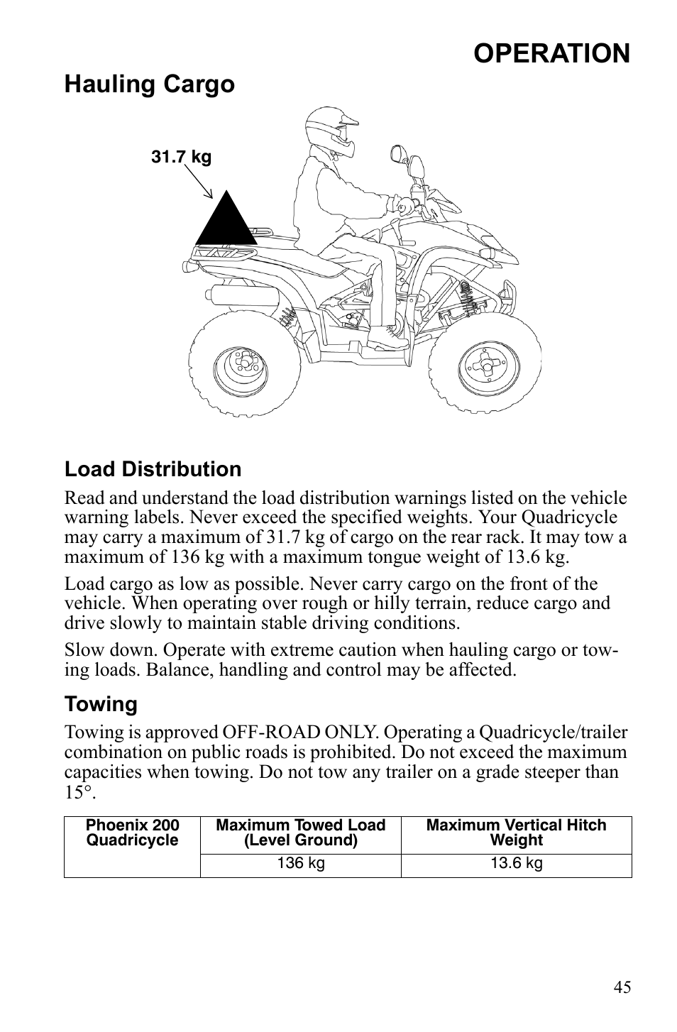 Operation, Hauling cargo, Load distribution | Towing | Polaris Phoenix 9922500 User Manual | Page 47 / 96