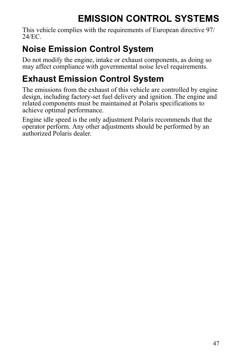 Emission control systems, Noise emission control system, Exhaust emission control system | Polaris Phoenix 9922500 User Manual | Page 49 / 96