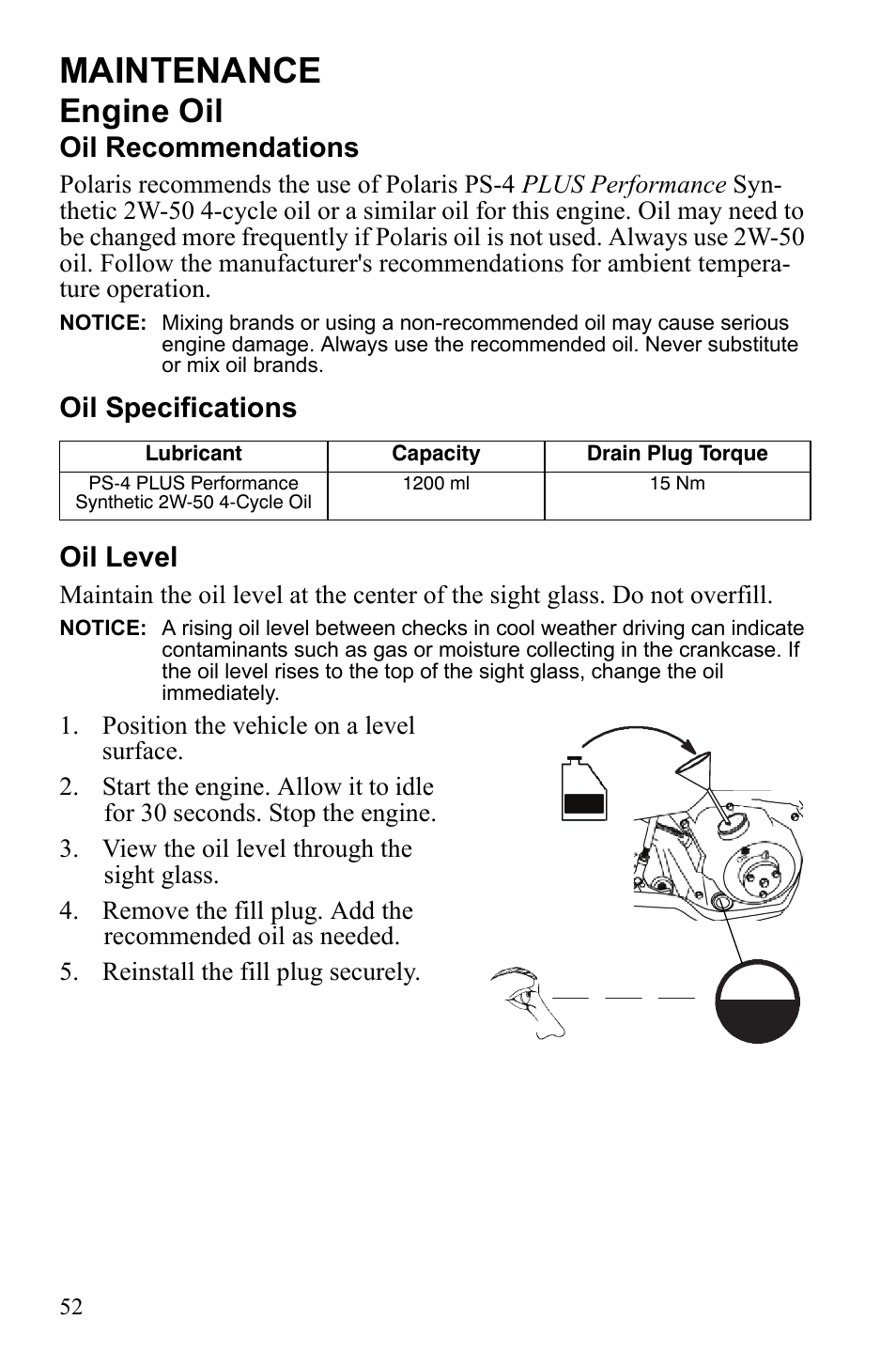 Maintenance, Engine oil, Oil recommendations | Oil specifications oil level | Polaris Phoenix 9922500 User Manual | Page 54 / 96