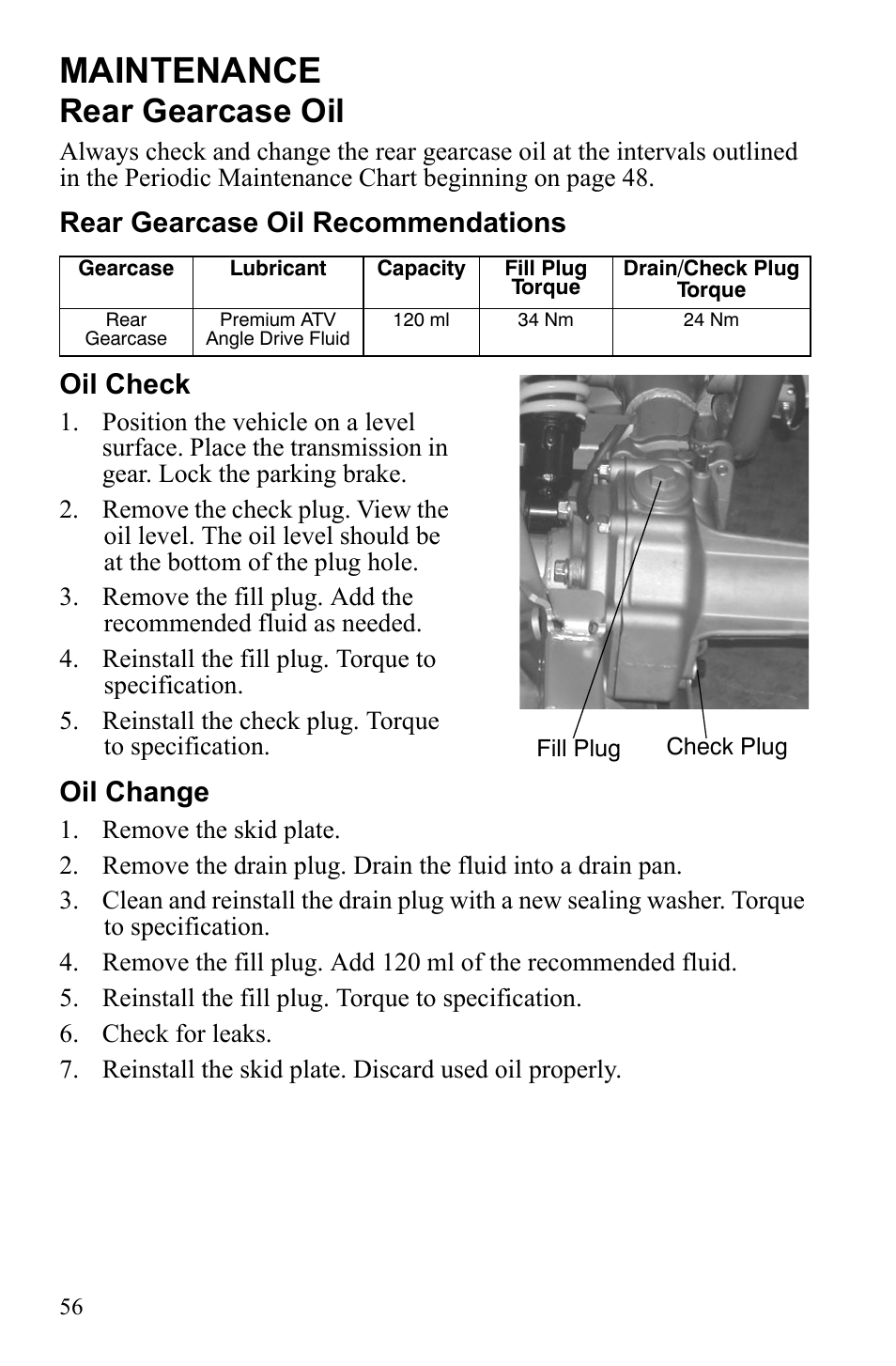Maintenance, Rear gearcase oil, Rear gearcase oil recommendations oil check | Oil change | Polaris Phoenix 9922500 User Manual | Page 58 / 96