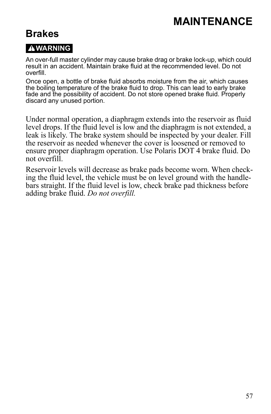 Maintenance, Brakes | Polaris Phoenix 9922500 User Manual | Page 59 / 96