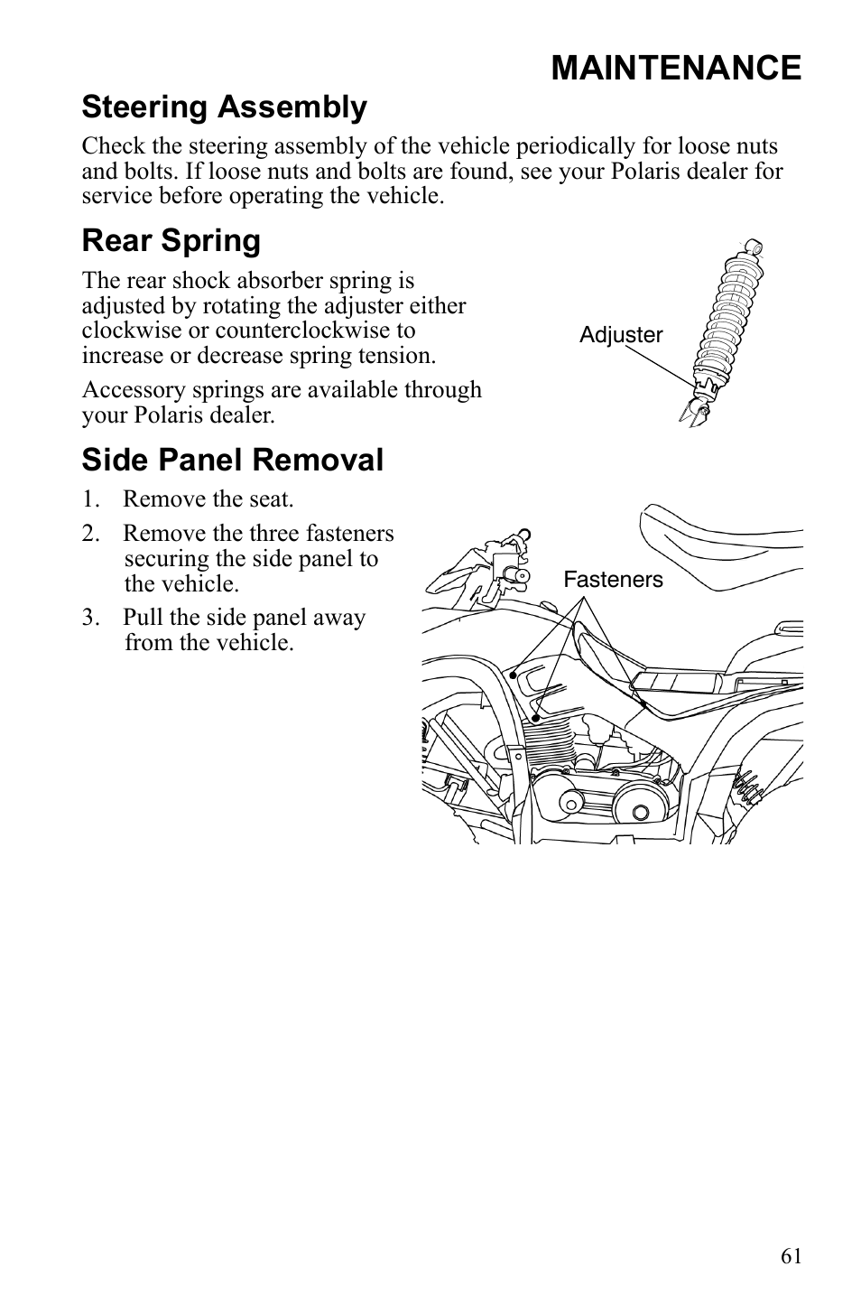 Maintenance, Steering assembly, Rear spring | Side panel removal | Polaris Phoenix 9922500 User Manual | Page 63 / 96