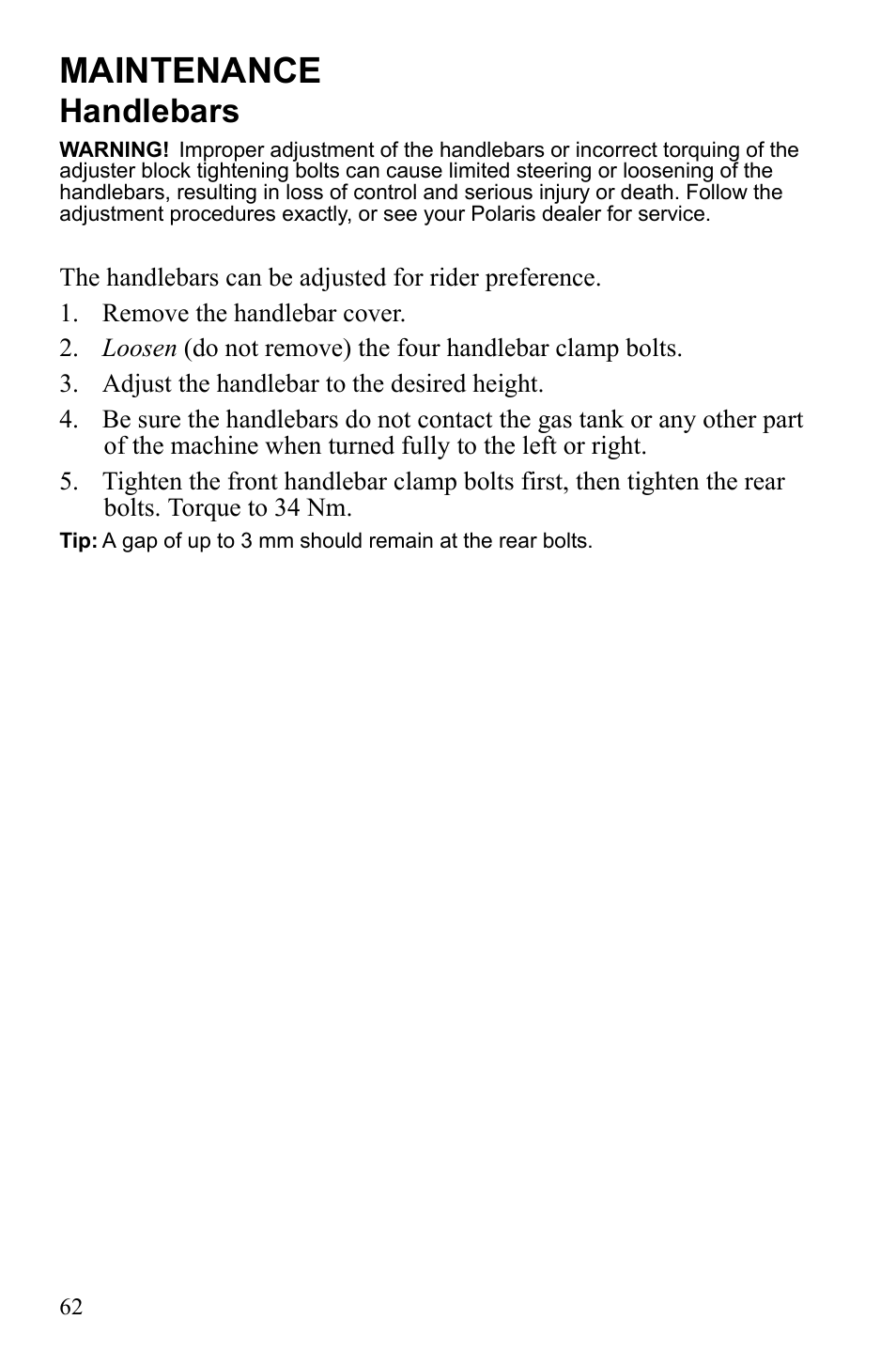Maintenance, Handlebars | Polaris Phoenix 9922500 User Manual | Page 64 / 96
