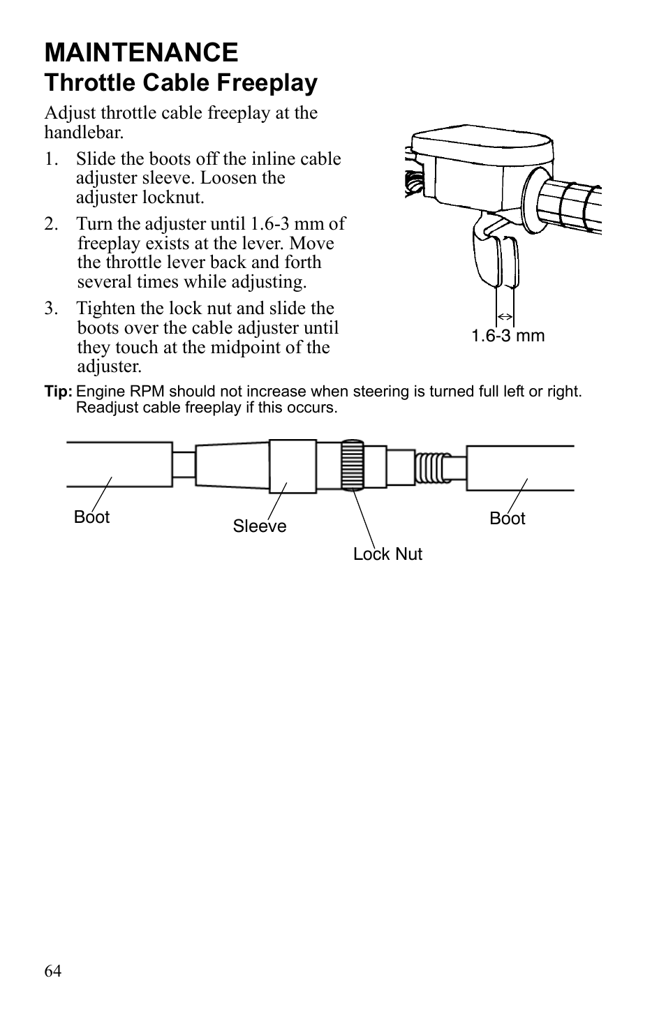 Maintenance, Throttle cable freeplay | Polaris Phoenix 9922500 User Manual | Page 66 / 96