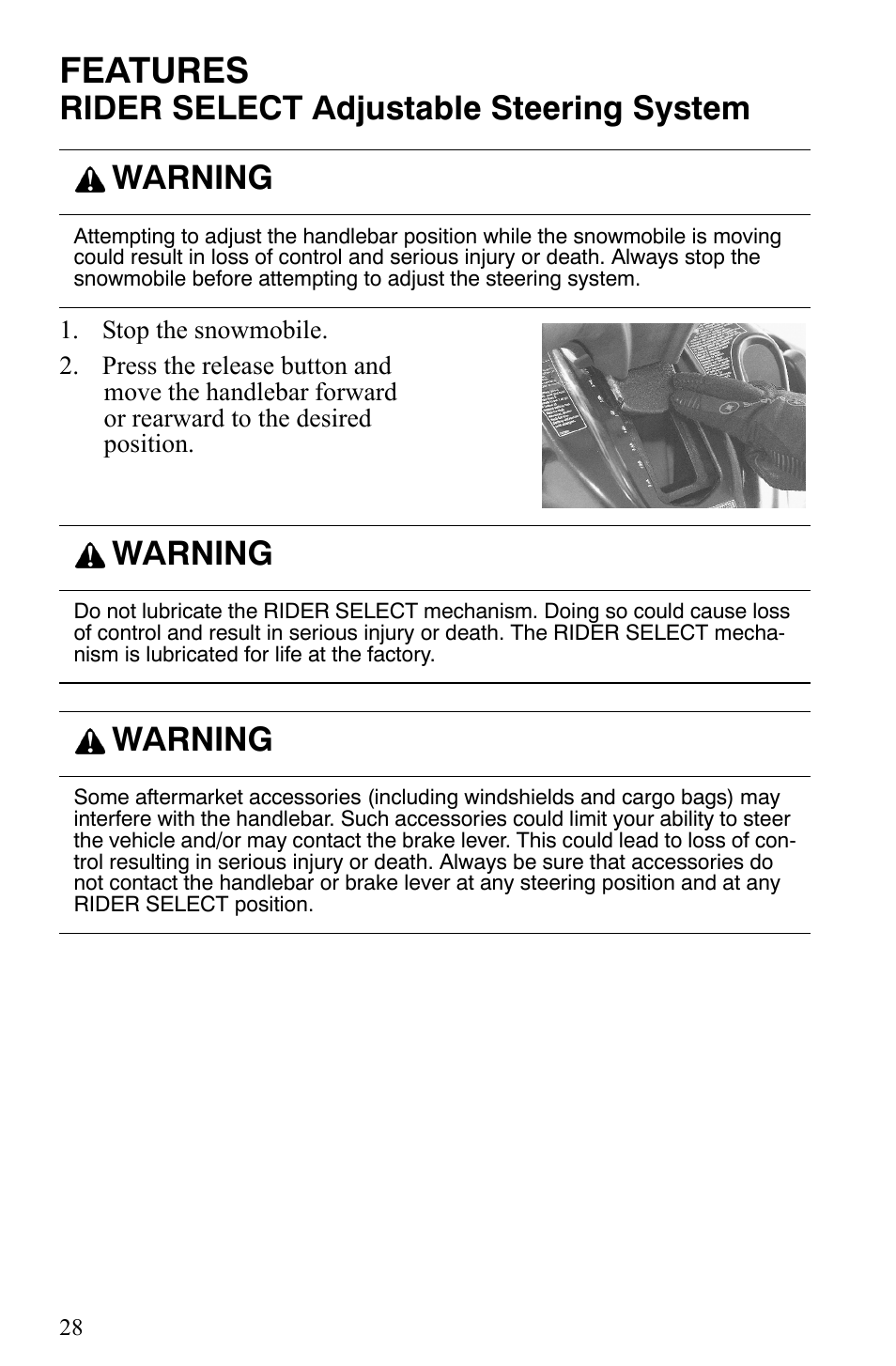 Features, Rider select adjustable steering system, Warning | Polaris 600 HO IQ Touring CFI User Manual | Page 31 / 155
