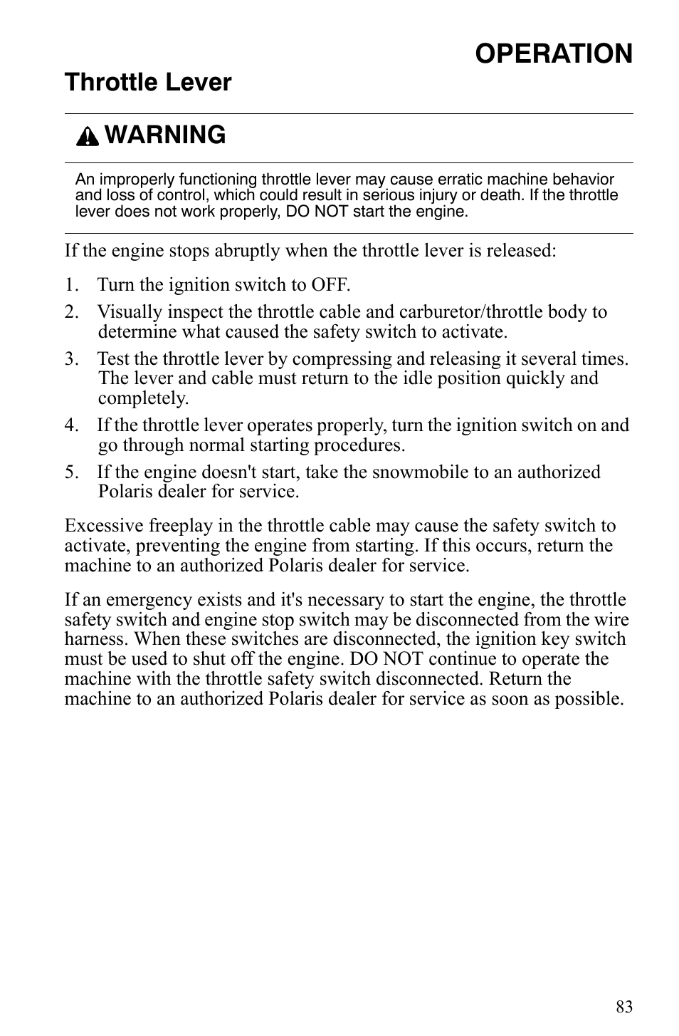 Operation, Throttle lever, Warning | Polaris 600 HO IQ Touring CFI User Manual | Page 86 / 155