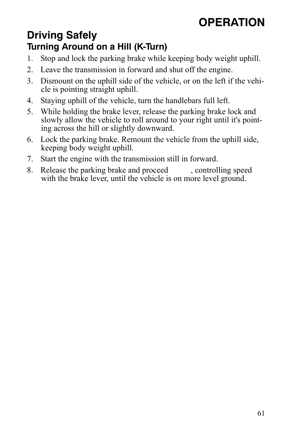Operation, Driving safely | Polaris Hawkeye 9920787 User Manual | Page 64 / 141