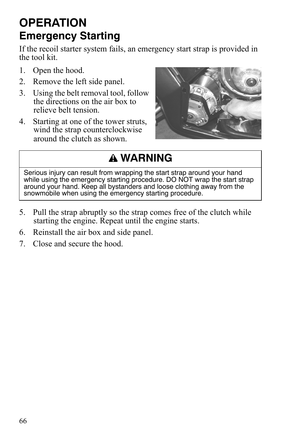 Operation, Emergency starting, Warning | Polaris 600 HO RMK 155 User Manual | Page 69 / 135
