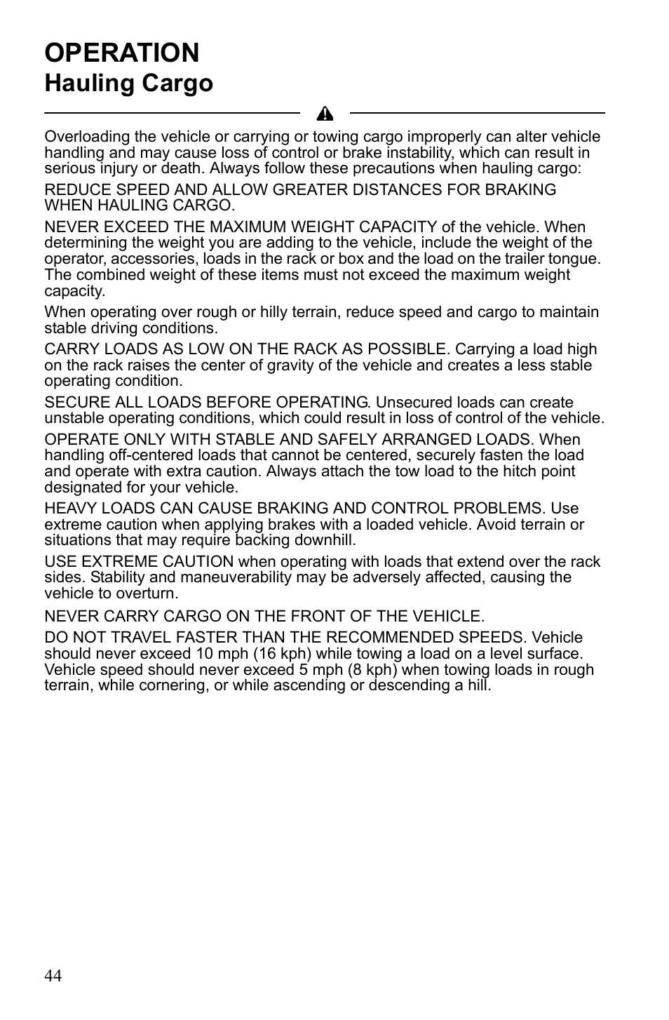 Operation, Hauling cargo | Polaris Scrambler 4X4 International User Manual | Page 47 / 118