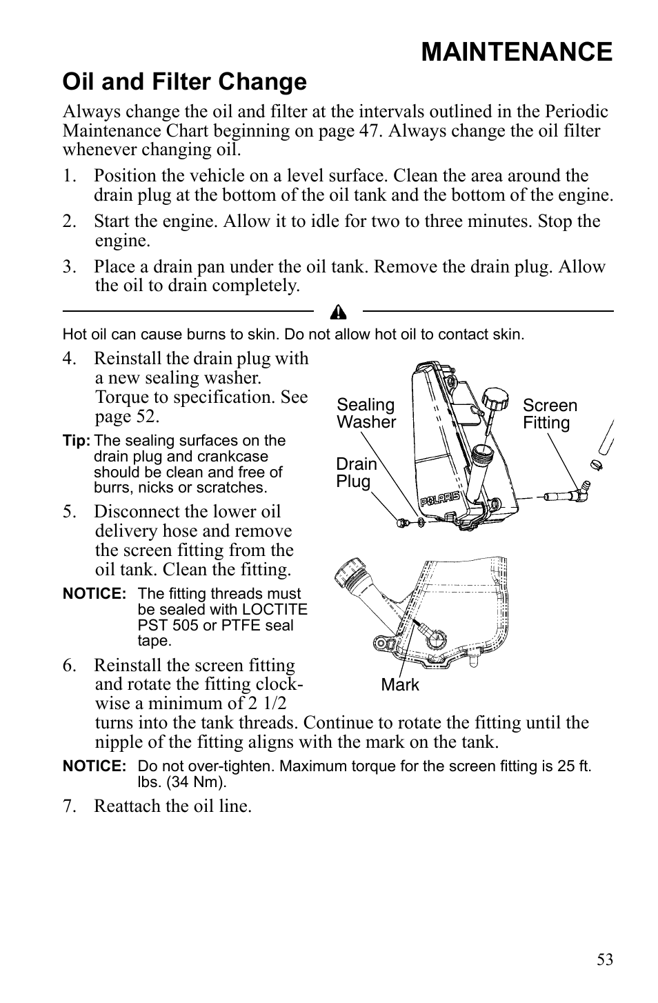 Maintenance, Oil and filter change | Polaris Scrambler 4X4 International User Manual | Page 56 / 118