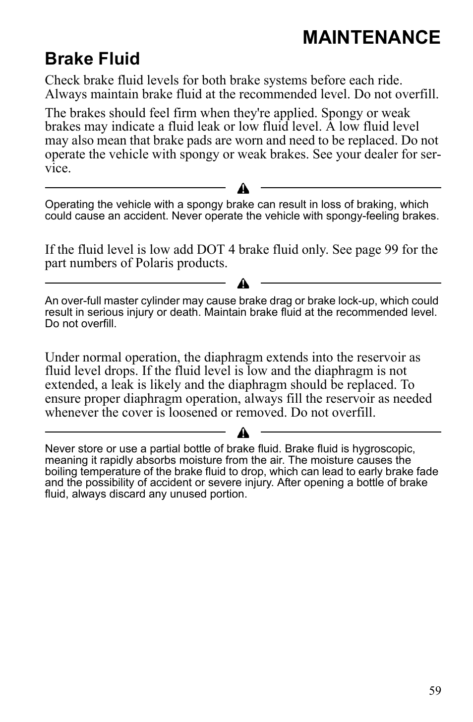 Maintenance, Brake fluid | Polaris Scrambler 4X4 International User Manual | Page 62 / 118