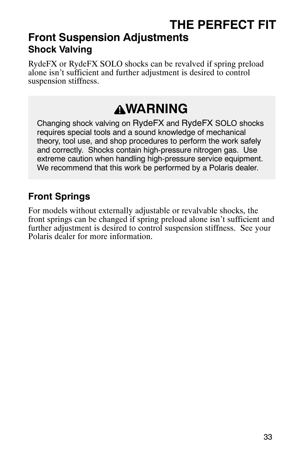 Warning, The perfect fit, Front suspension adjustments | Polaris 800 Switchback User Manual | Page 35 / 127