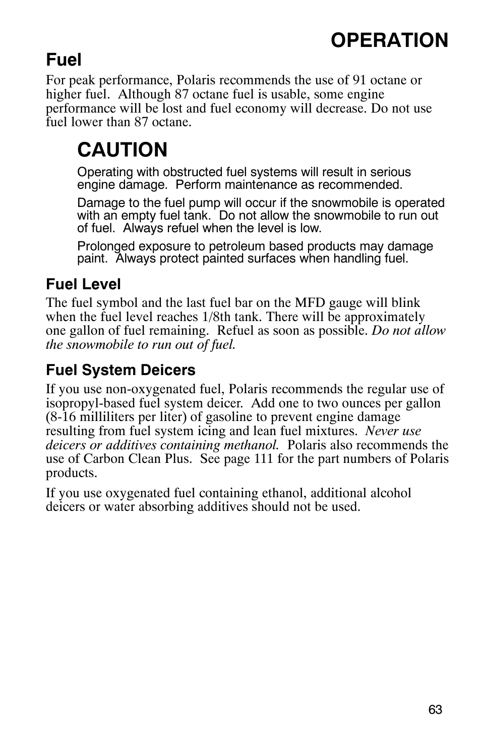 Operation, Caution, Fuel | Polaris 700 Touring User Manual | Page 66 / 133
