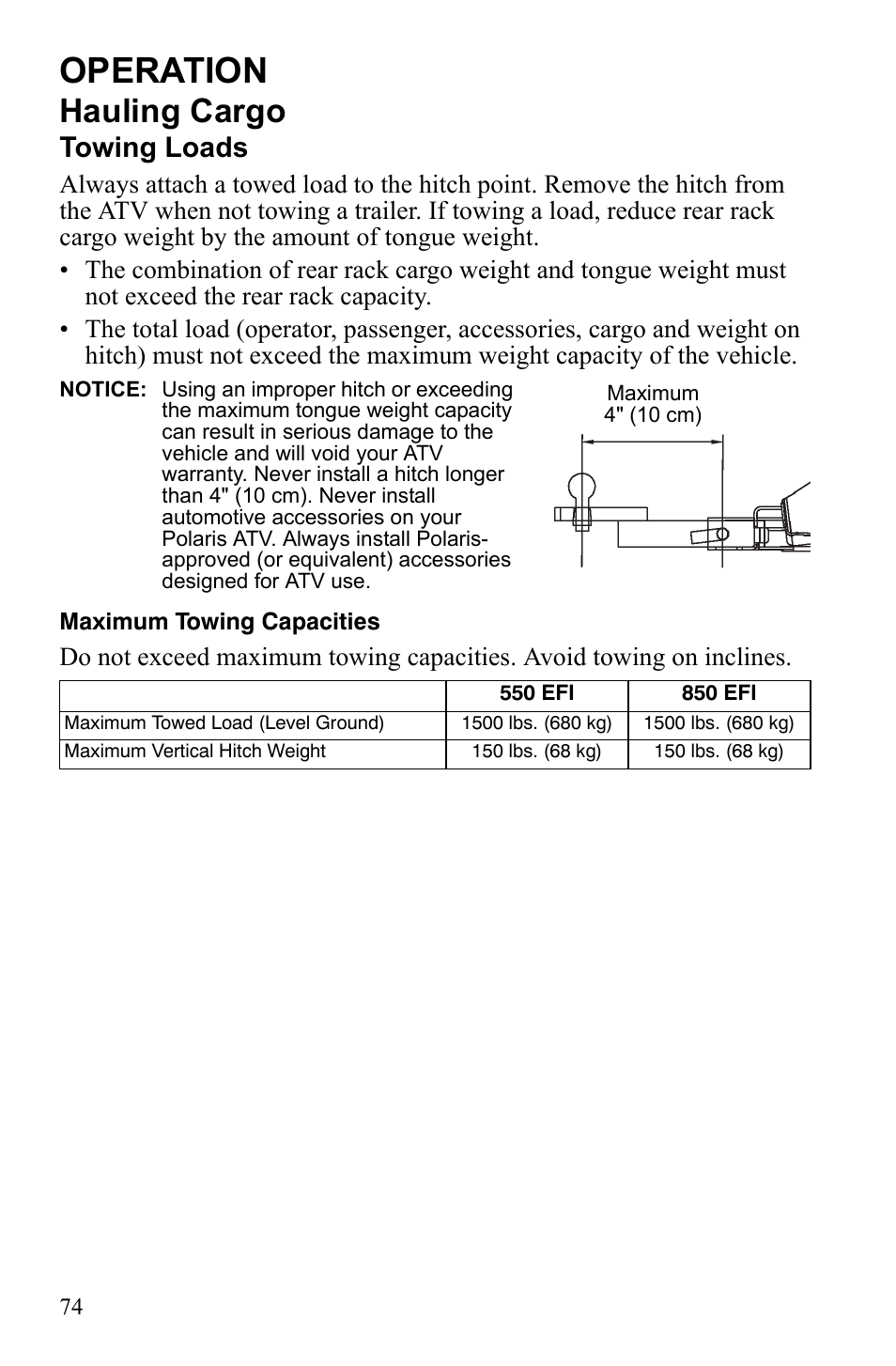 Operation, Hauling cargo, Towing loads | Polaris Sportsman 550 Touring EPS User Manual | Page 78 / 158