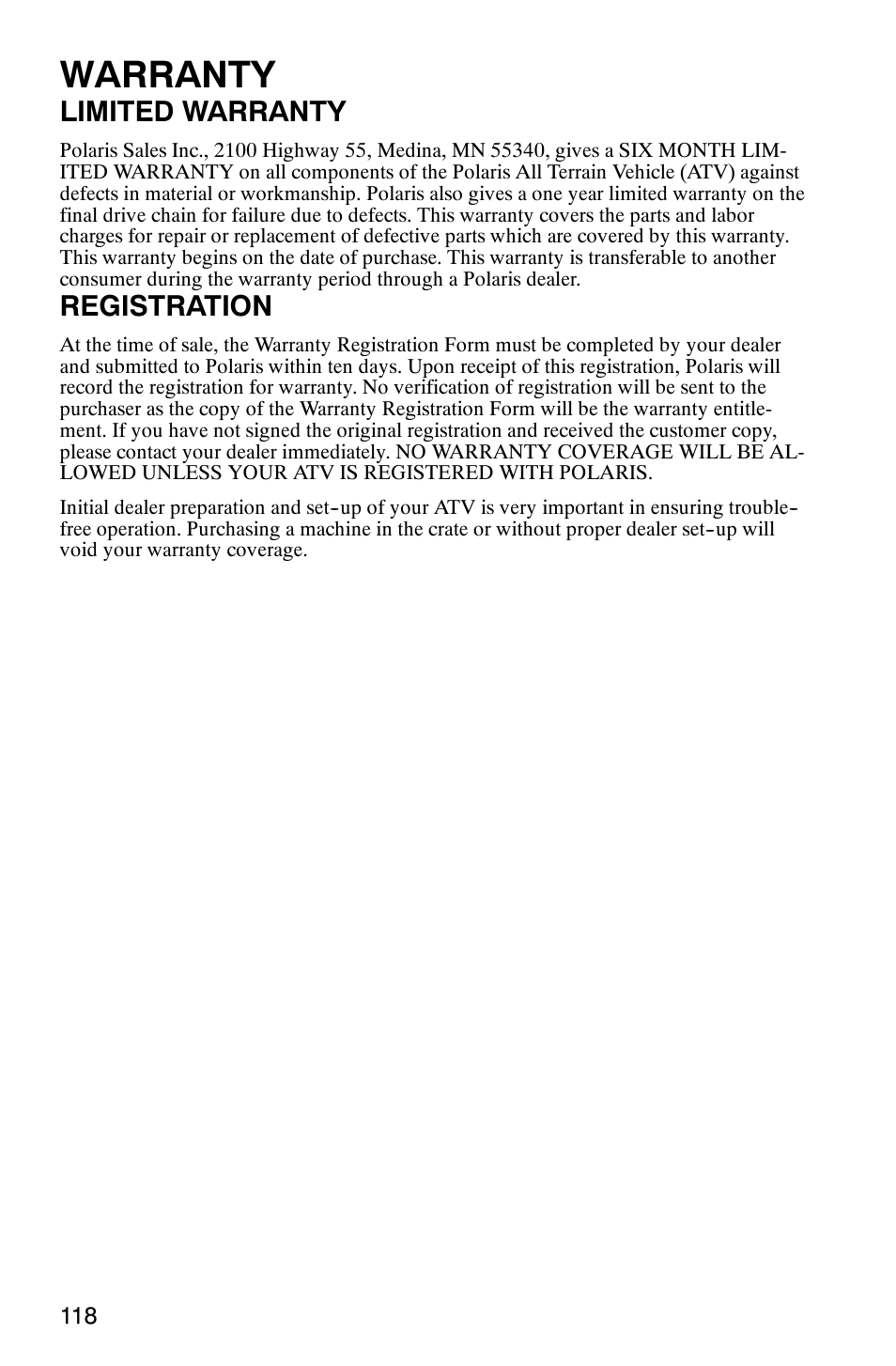 Warranty, Limited warranty, Registration | Polaris MV700 User Manual | Page 121 / 131