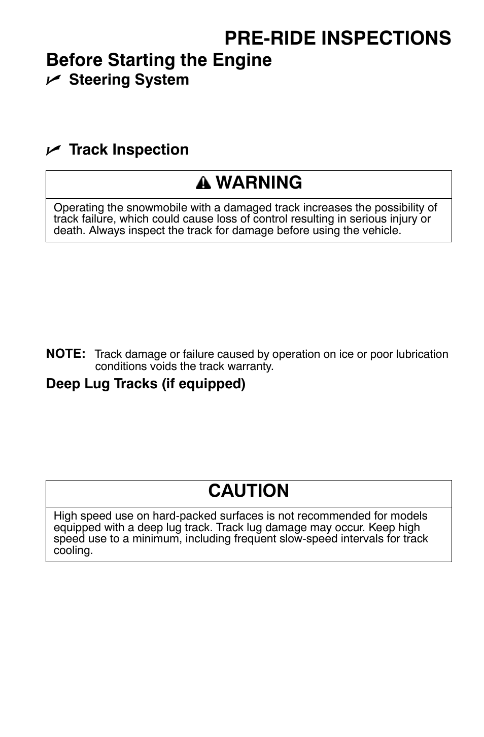 Pre-ride inspections, Before starting the engine, Warning | Caution | Polaris 700 Dragon RMK User Manual | Page 56 / 135