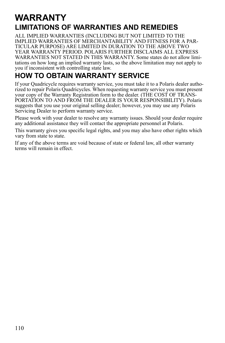 Warranty, Limitations of warranties and remedies, How to obtain warranty service | Polaris Scrambler 9922077 User Manual | Page 112 / 117