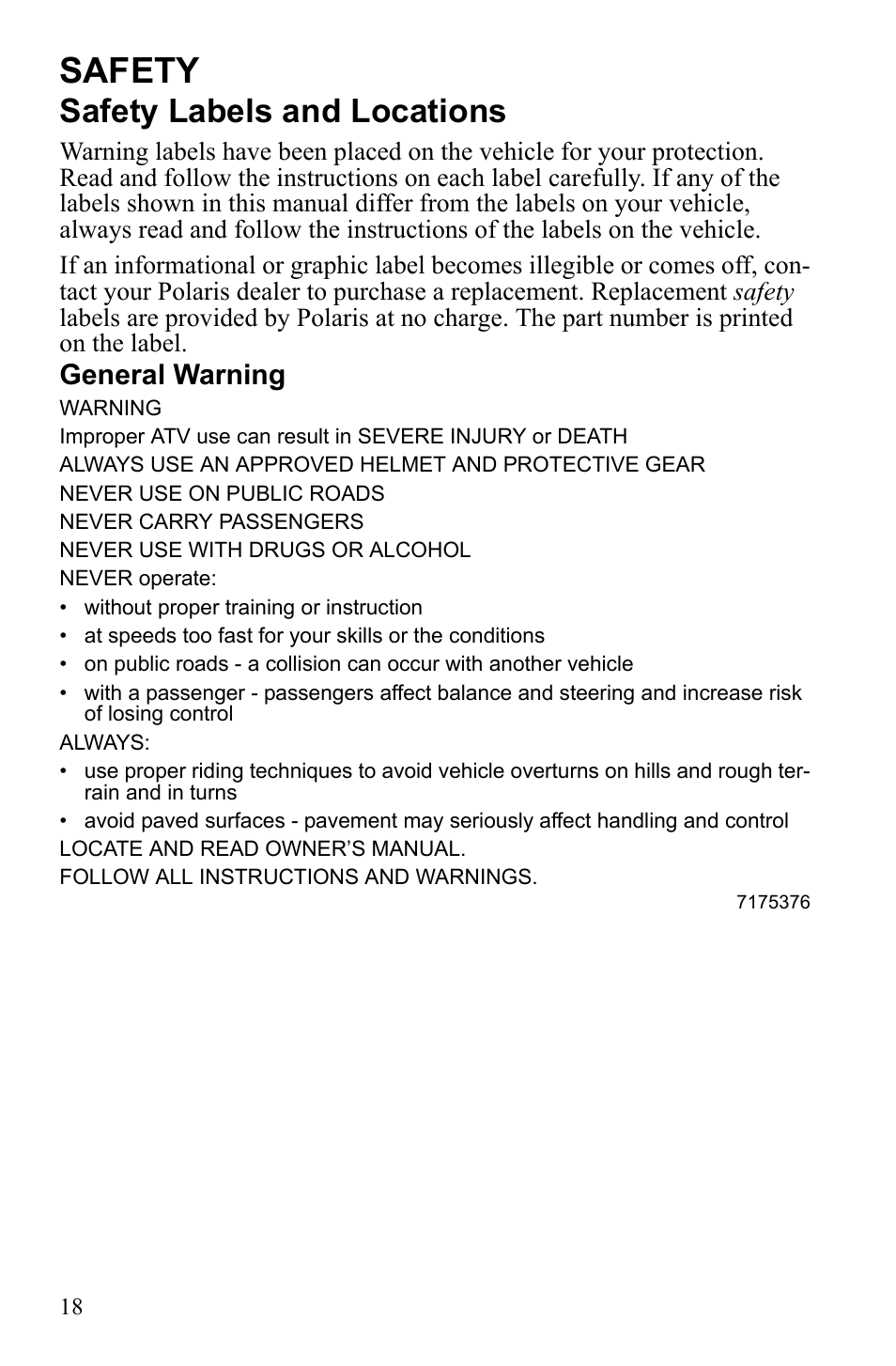Safety, Safety labels and locations, General warning | Polaris Scrambler 9922077 User Manual | Page 20 / 117