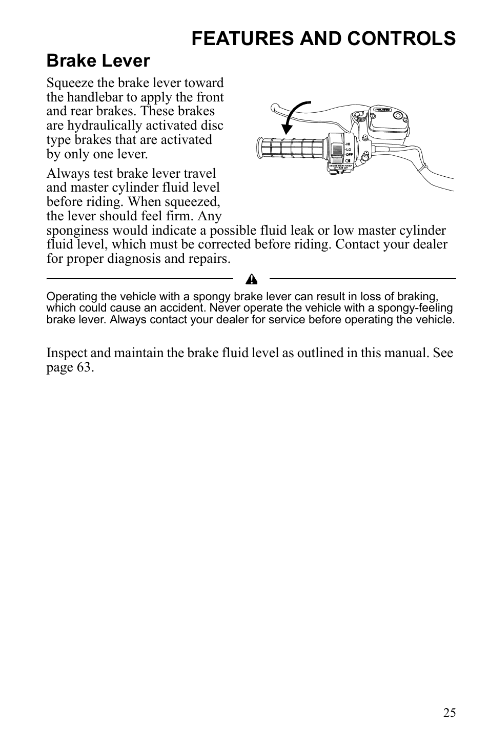Features and controls, Brake lever | Polaris Scrambler 9922077 User Manual | Page 27 / 117