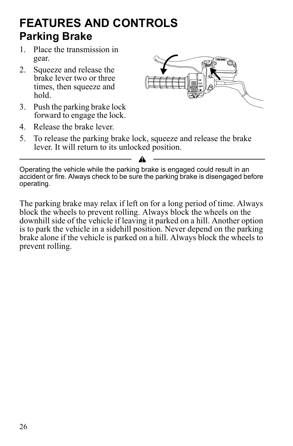 Features and controls, Parking brake | Polaris Scrambler 9922077 User Manual | Page 28 / 117