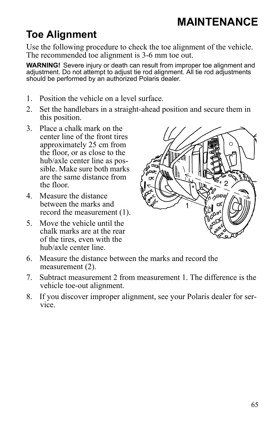 Maintenance, Toe alignment | Polaris Scrambler 9922077 User Manual | Page 67 / 117