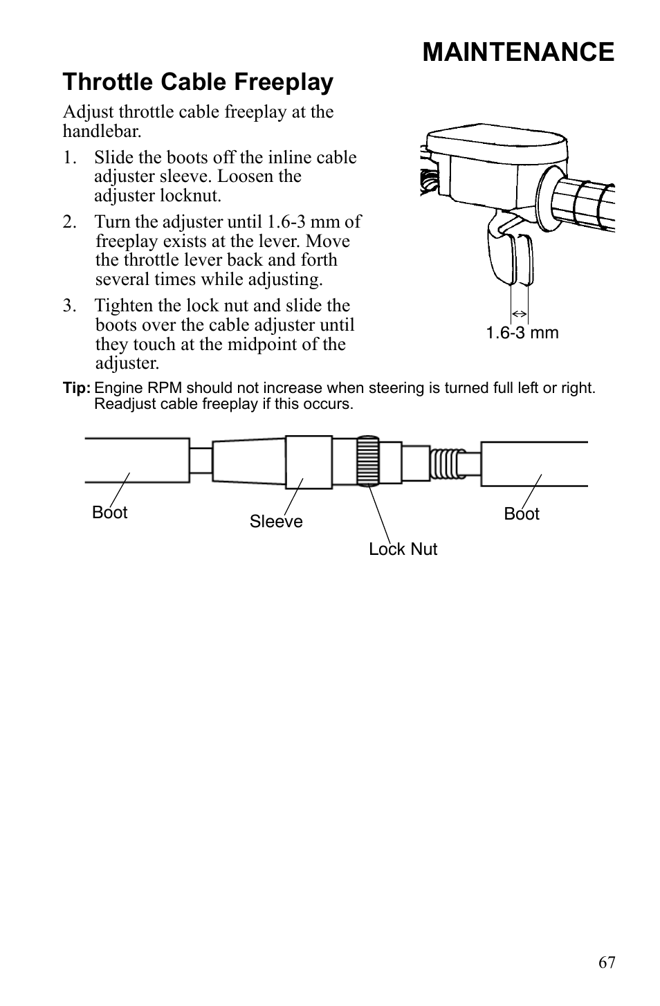 Maintenance, Throttle cable freeplay | Polaris Scrambler 9922077 User Manual | Page 69 / 117