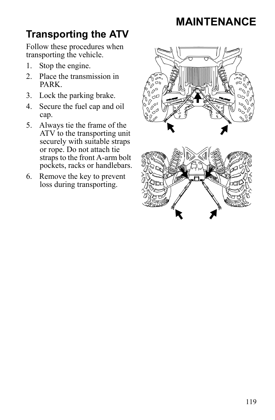 Maintenance, Transporting the atv | Polaris Sportsman Touring 500 HO User Manual | Page 123 / 145
