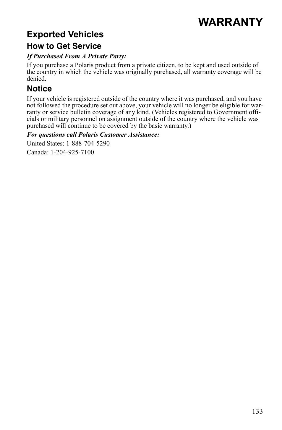 Warranty, Exported vehicles | Polaris Sportsman Touring 500 HO User Manual | Page 137 / 145