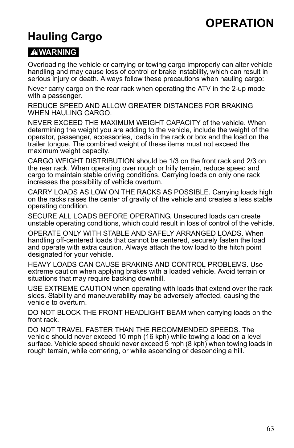 Operation, Hauling cargo | Polaris Sportsman Touring 500 HO User Manual | Page 67 / 145