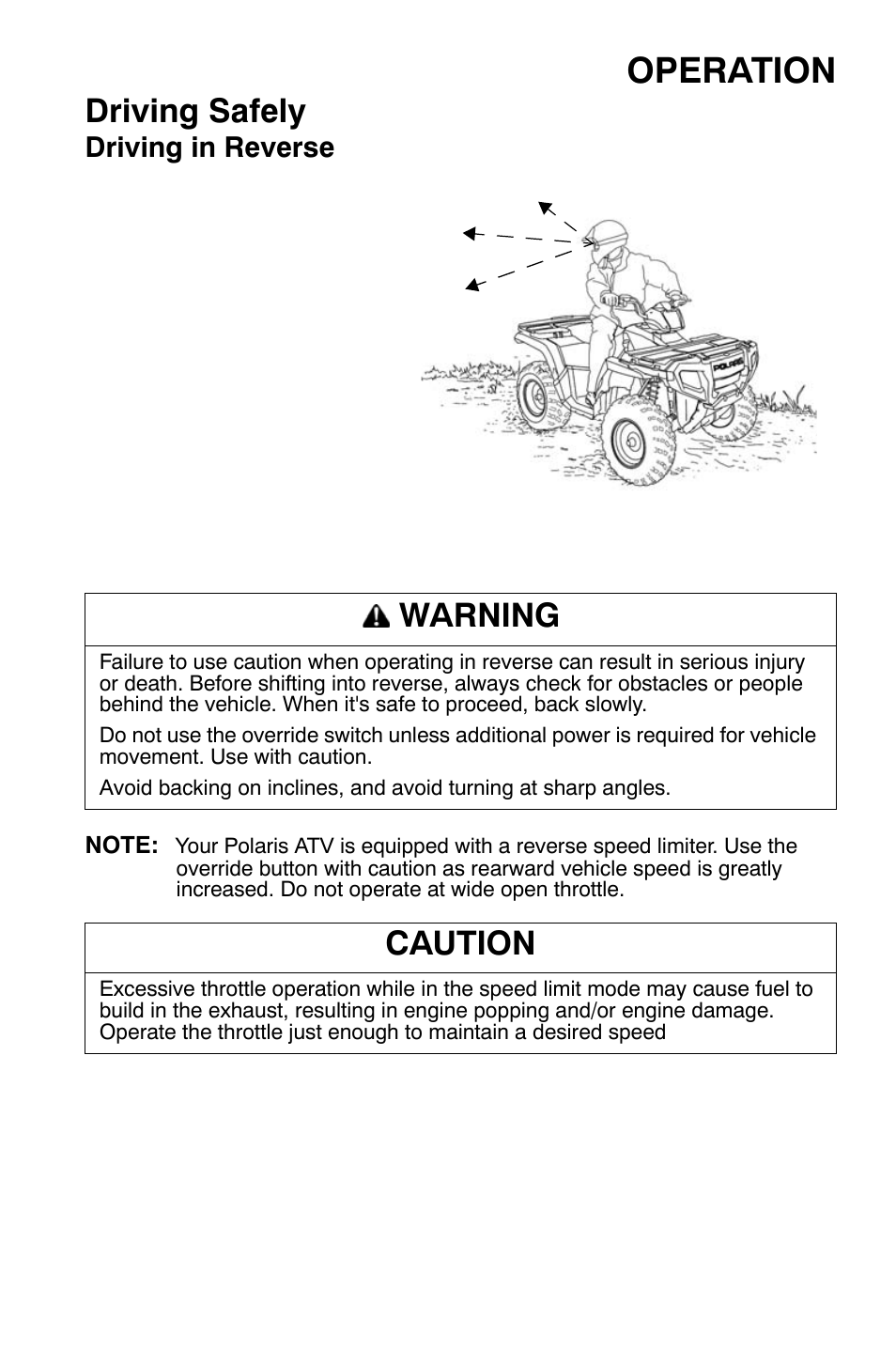Operation, Driving safely, Warning | Caution, Driving in reverse | Polaris Sportsman 9920374 User Manual | Page 70 / 143