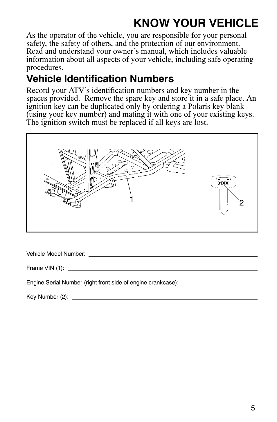 Know your vehicle, Vehicle identification numbers | Polaris TRAIL BLAZER 330 User Manual | Page 8 / 122