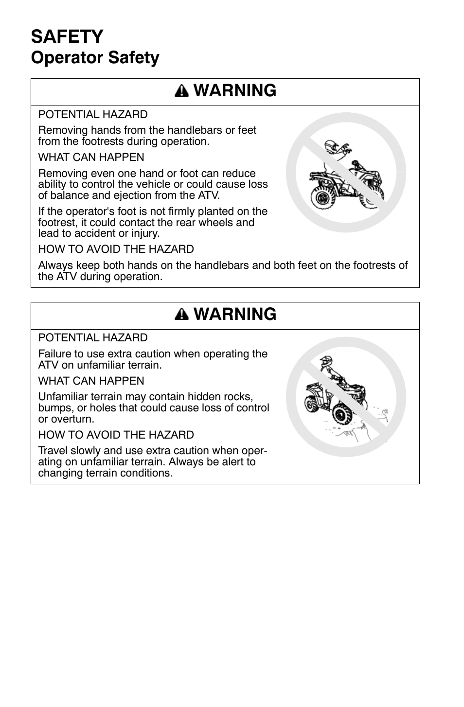 Safety, Operator safety warning, Warning | Polaris Sportsman 9921335 User Manual | Page 24 / 133