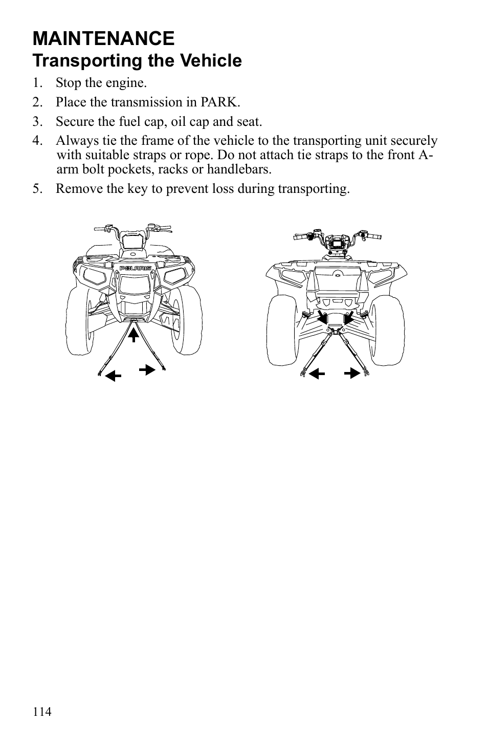 Maintenance, Transporting the vehicle | Polaris Sportsman 550 XP User Manual | Page 117 / 137