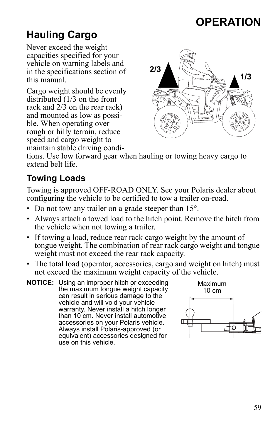 Operation, Hauling cargo, Towing loads | Polaris Sportsman 550 XP User Manual | Page 62 / 137