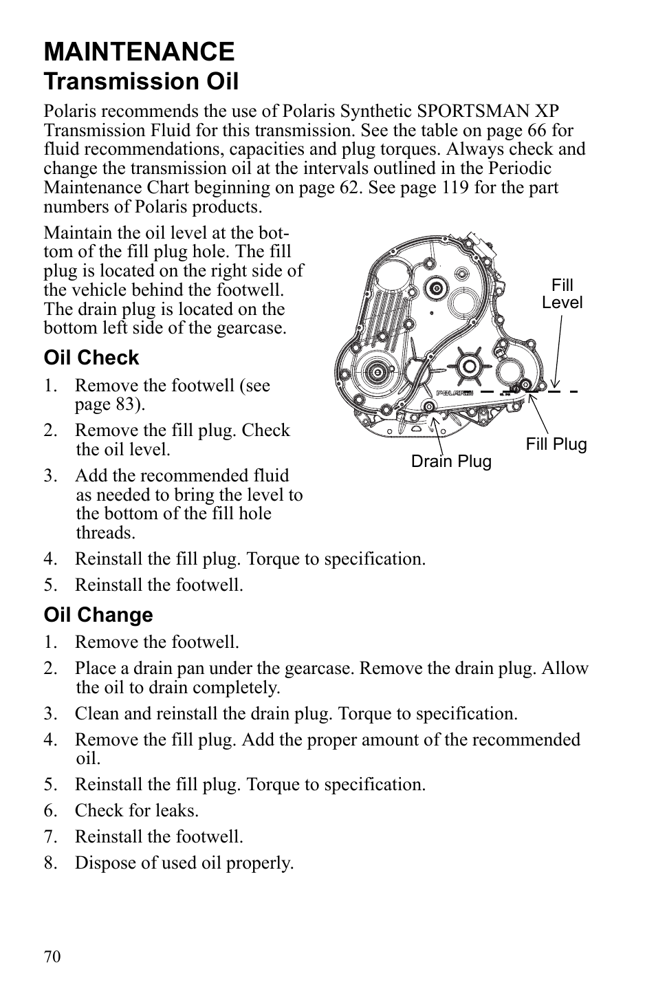 Maintenance, Transmission oil | Polaris Sportsman 550 XP User Manual | Page 73 / 137