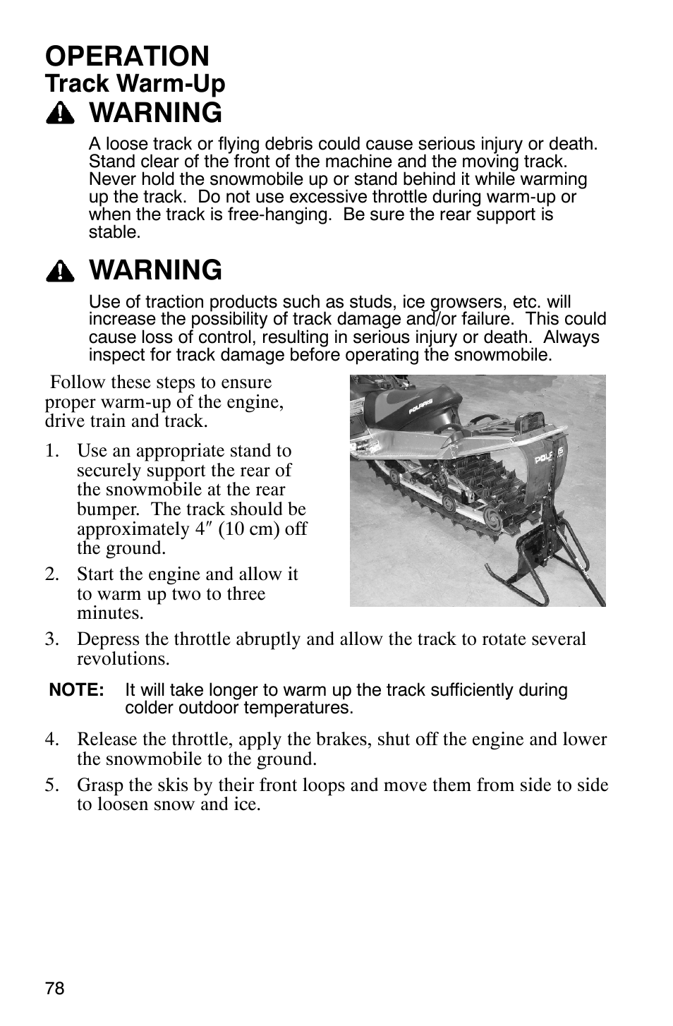 Operation, Warning, Track warm-up | Polaris FST Touring User Manual | Page 81 / 157