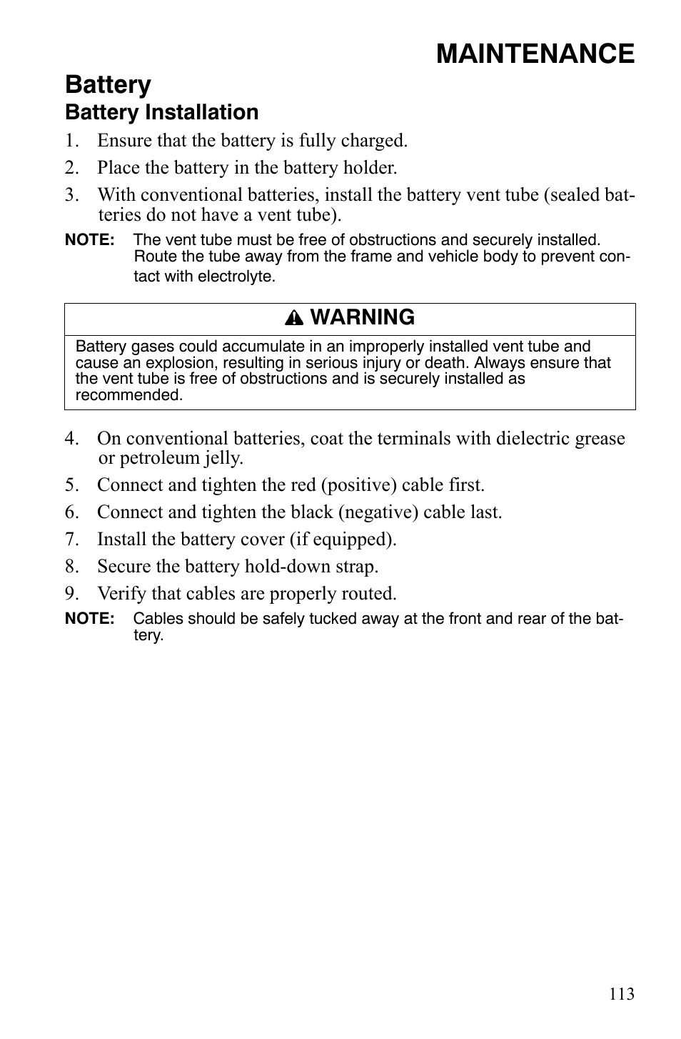 Maintenance, Battery, Battery installation | Warning | Polaris Sportsman 9922172 User Manual | Page 115 / 140