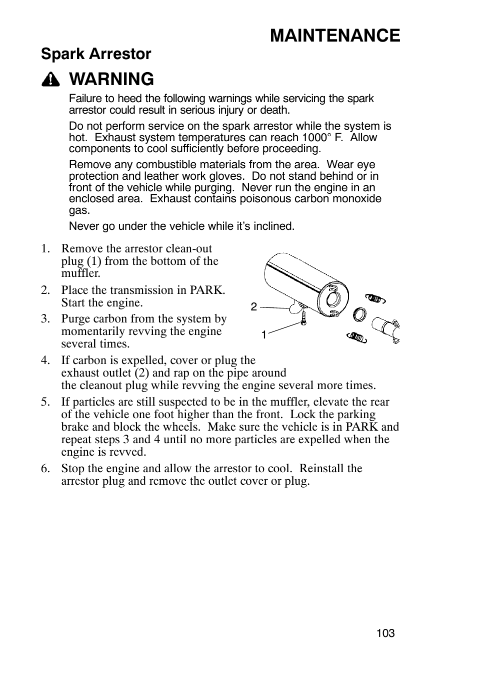 Maintenance, Warning, Spark arrestor | Polaris Sportsmabn X2 500 EFI User Manual | Page 106 / 136