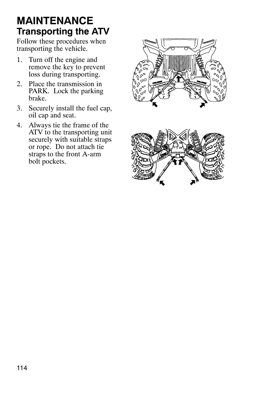 Maintenance, Transporting the atv | Polaris Sportsmabn X2 500 EFI User Manual | Page 117 / 136