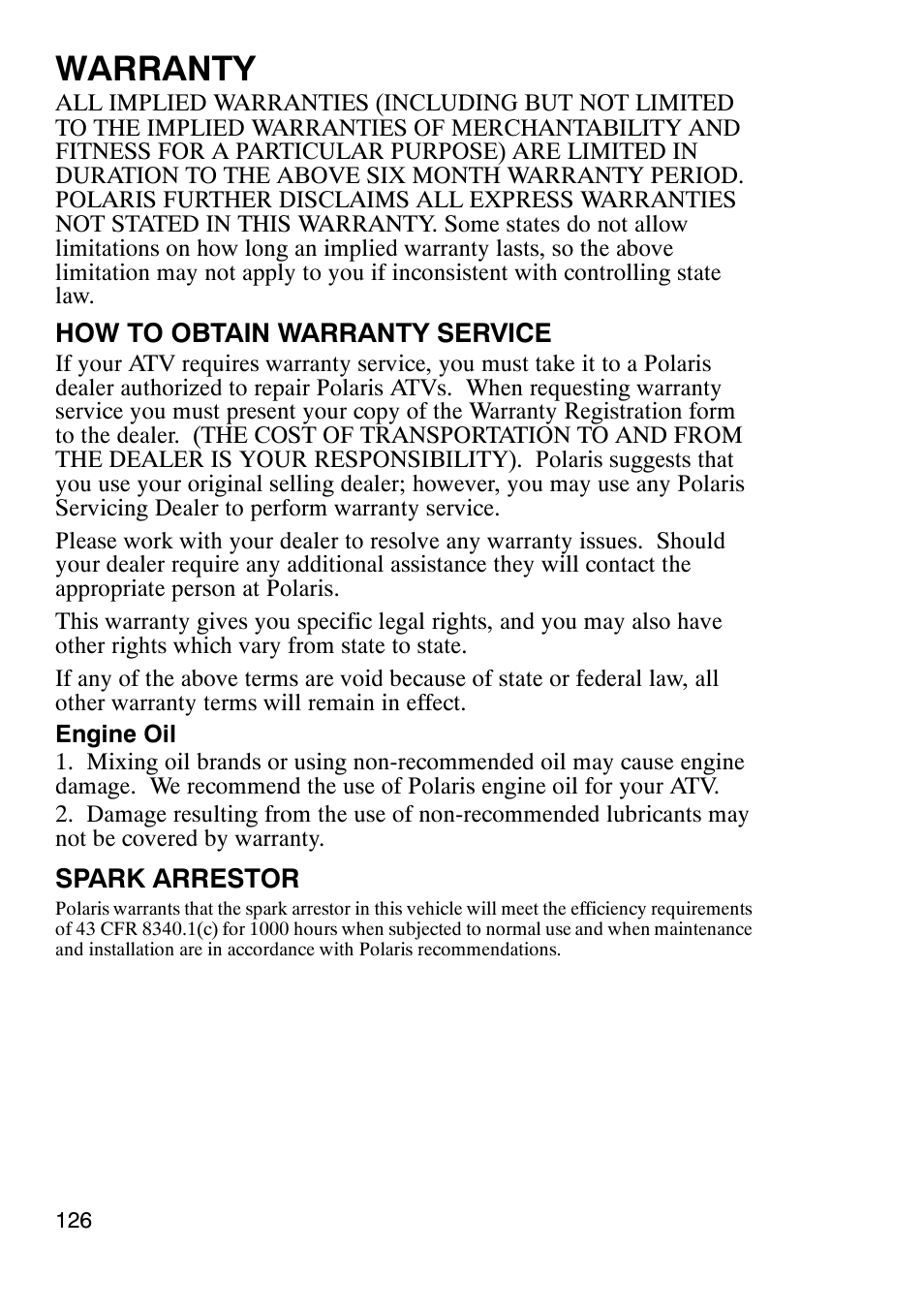 Warranty | Polaris Sportsmabn X2 500 EFI User Manual | Page 129 / 136