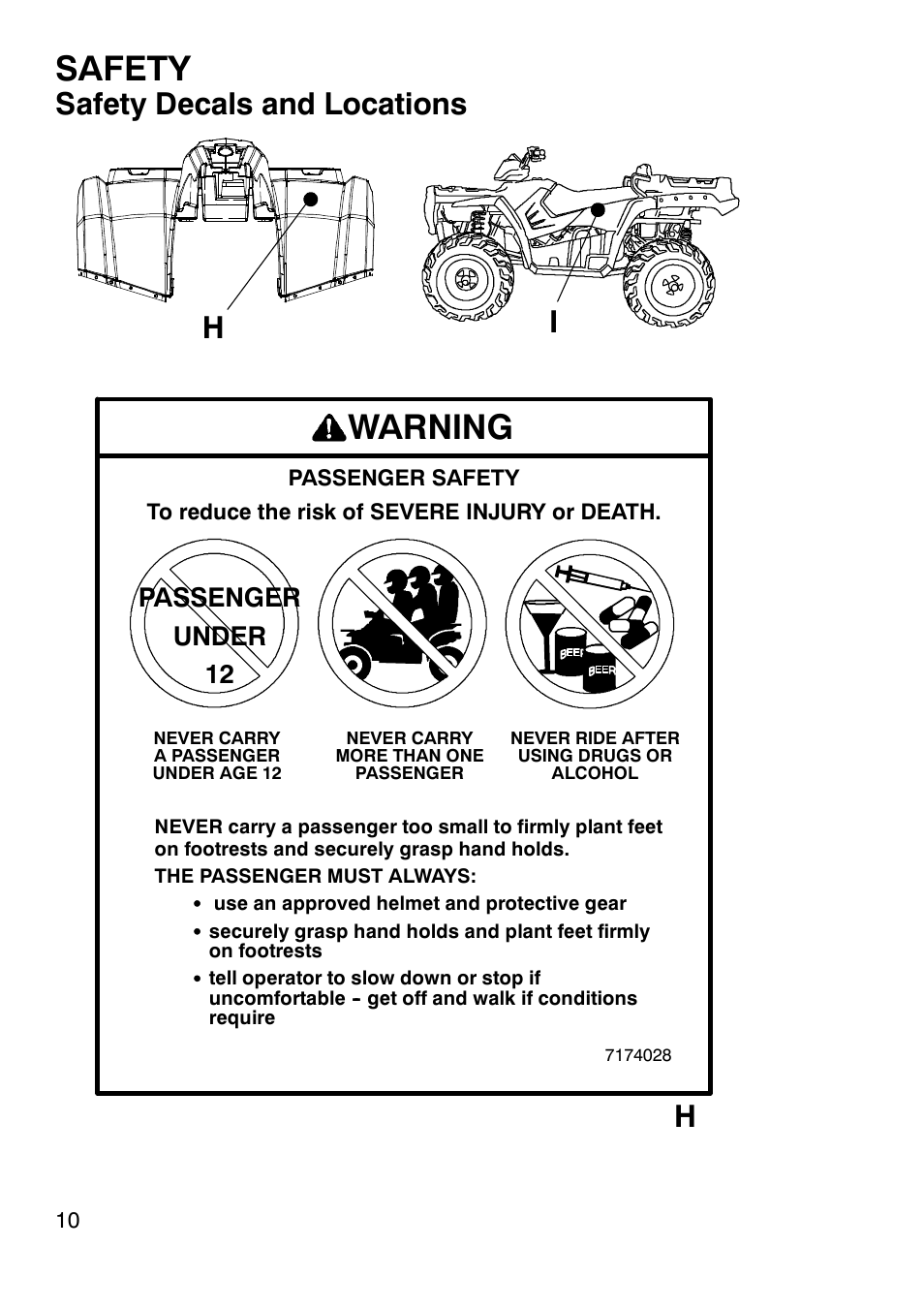 Safety, Warning, Safety decals and locations | Passenger under 12 | Polaris Sportsmabn X2 500 EFI User Manual | Page 13 / 136