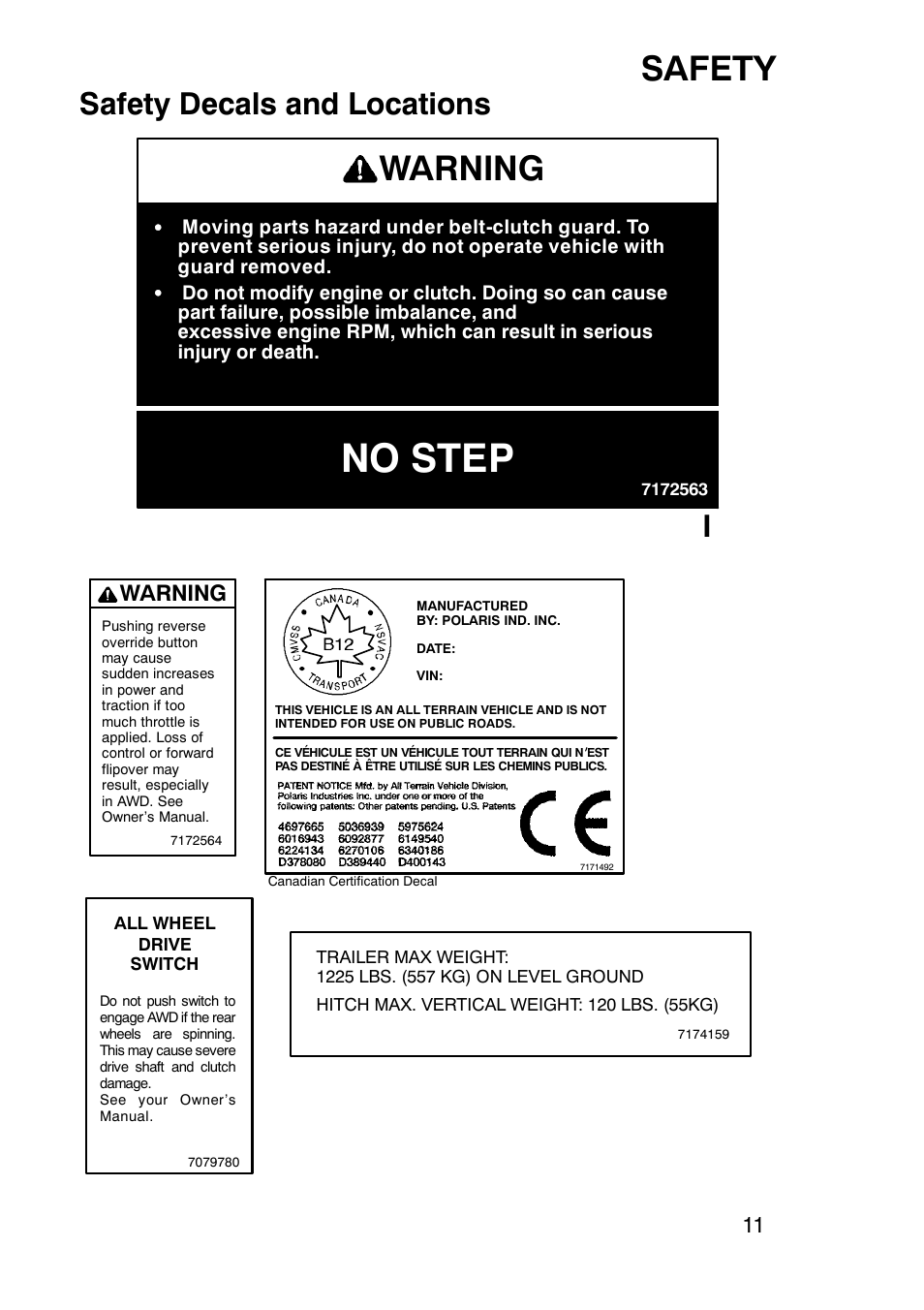 No step, Safety, Warning | Safety decals and locations | Polaris Sportsmabn X2 500 EFI User Manual | Page 14 / 136