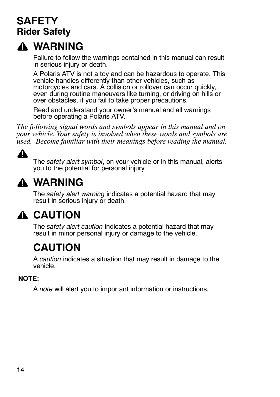Safety, Warning, Caution | Rider safety | Polaris Sportsmabn X2 500 EFI User Manual | Page 17 / 136