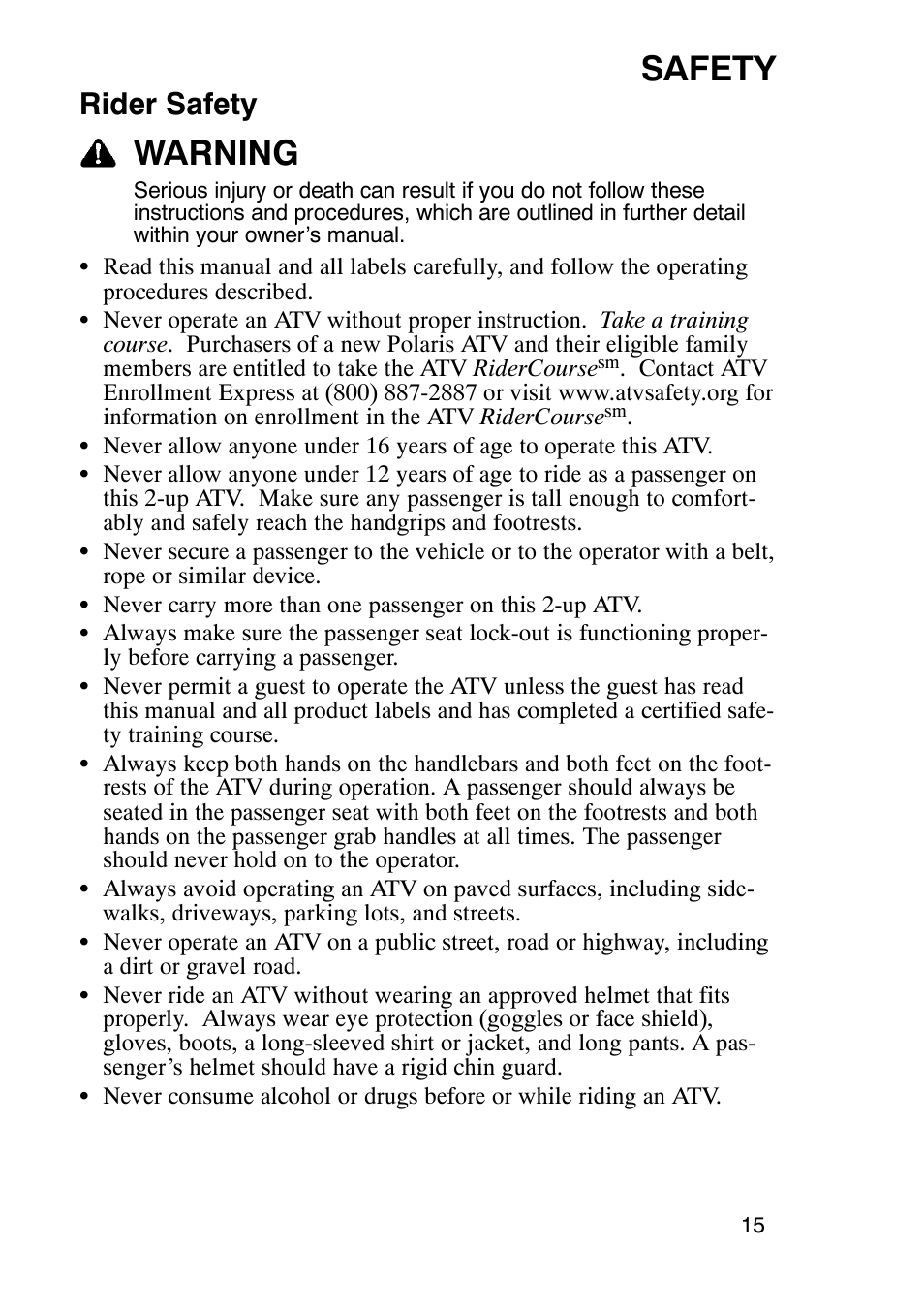 Safety, Warning, Rider safety | Polaris Sportsmabn X2 500 EFI User Manual | Page 18 / 136