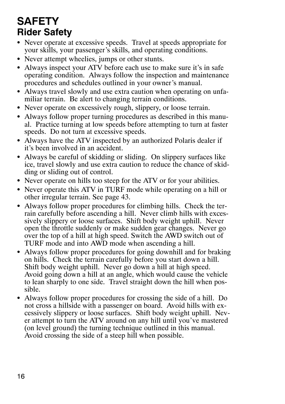 Safety, Rider safety | Polaris Sportsmabn X2 500 EFI User Manual | Page 19 / 136