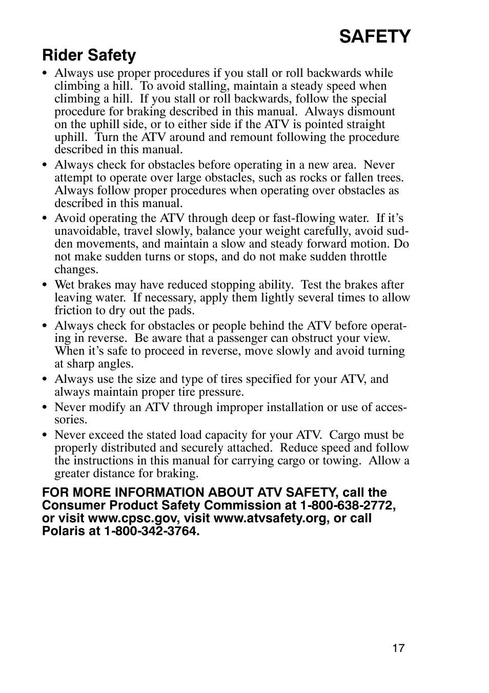 Safety, Rider safety | Polaris Sportsmabn X2 500 EFI User Manual | Page 20 / 136