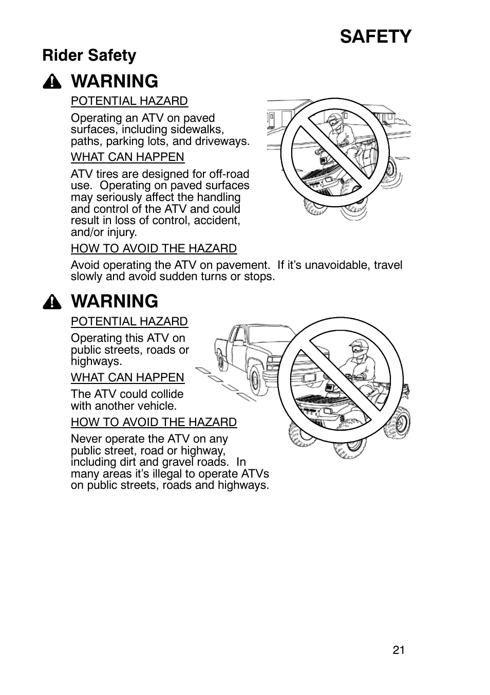Safety, Warning, Rider safety | Polaris Sportsmabn X2 500 EFI User Manual | Page 24 / 136