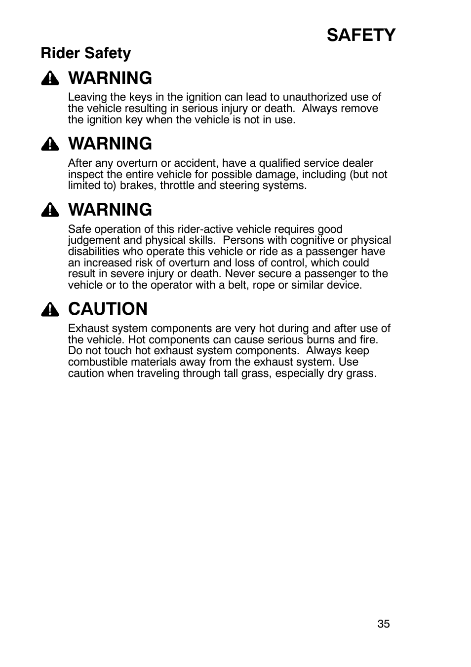 Safety, Warning, Caution | Rider safety | Polaris Sportsmabn X2 500 EFI User Manual | Page 38 / 136